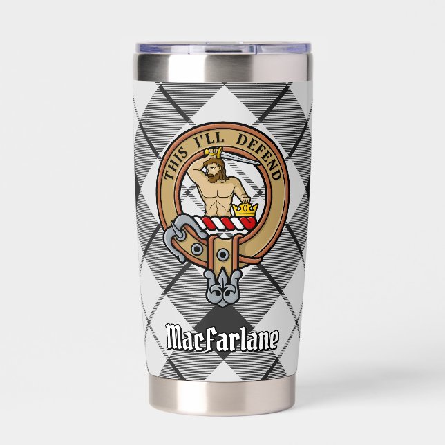 Clan MacFarlane Crest over Black and White Tartan Insulated Tumbler (Front)
