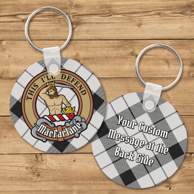 Clan MacFarlane Crest over Black and White Tartan Key Ring (Creator Uploaded)