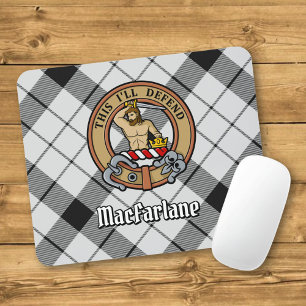 Clan MacFarlane Crest over Black and White Tartan Mouse Mat