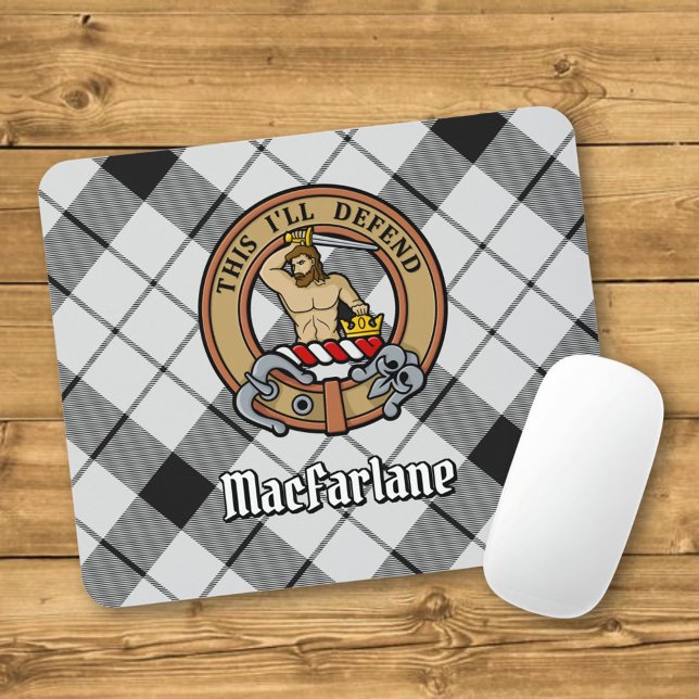 Clan MacFarlane Crest over Black and White Tartan Mouse Mat (Creator Uploaded)