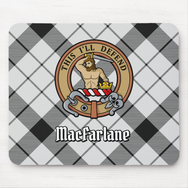 Clan MacFarlane Crest over Black and White Tartan Mouse Mat (Front)