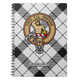 Clan MacFarlane Crest over Black and White Tartan Notebook
