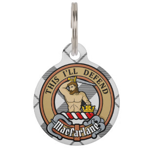 Clan MacFarlane Crest over Black and White Tartan Pet Tag