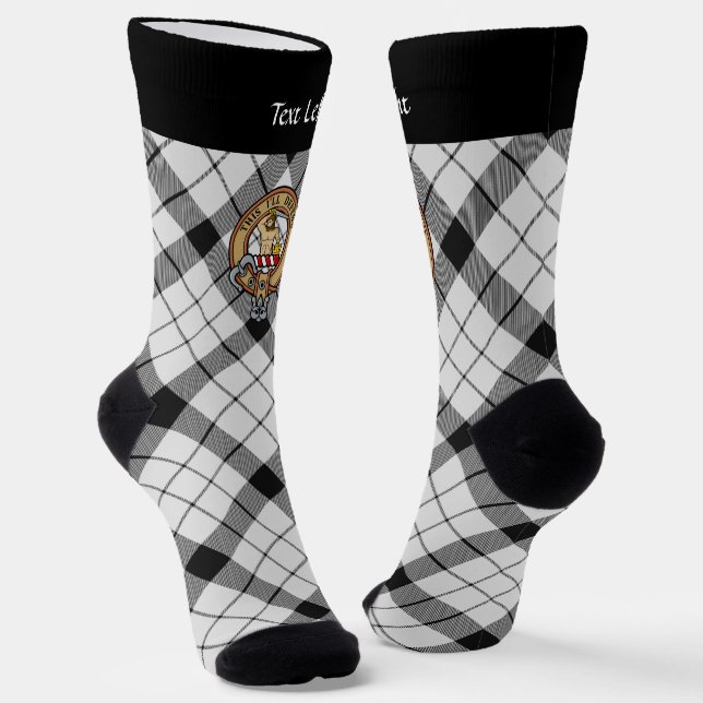 Clan MacFarlane Crest over Black and White Tartan Socks (Angled)