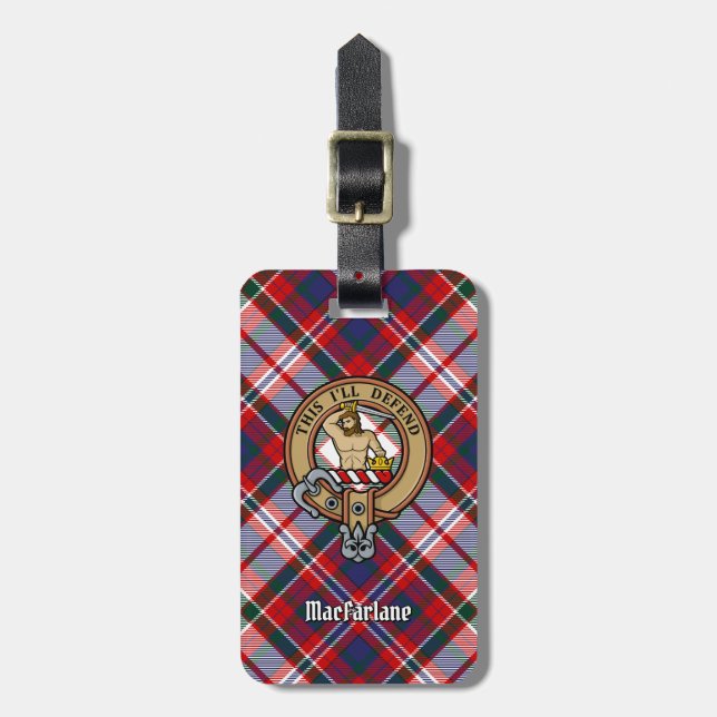 Clan MacFarlane Crest over Dress Tartan Luggage Tag (Front Vertical)