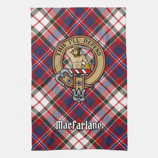 Clan MacFarlane Crest over Dress Tartan Tea Towel (Vertical)