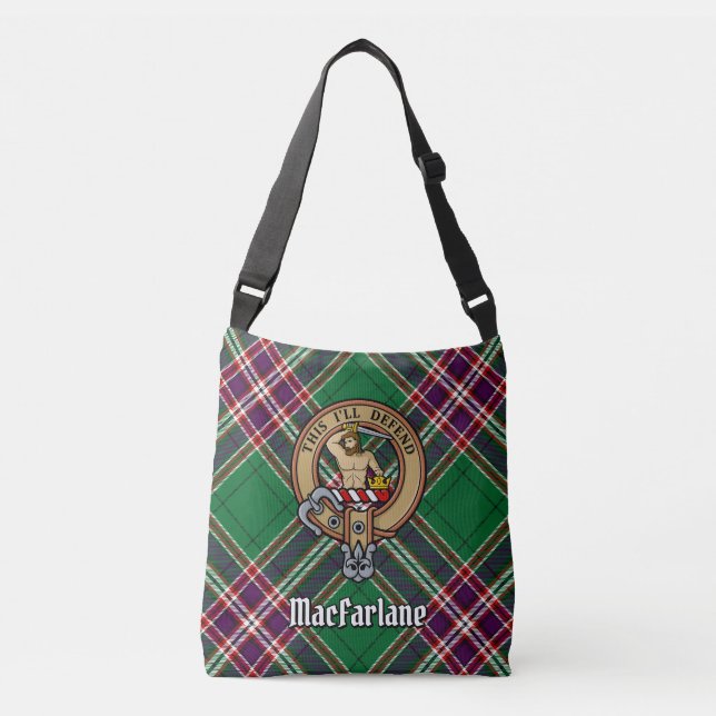 Clan MacFarlane Crest over Modern Hunting Tartan Crossbody Bag (Front)