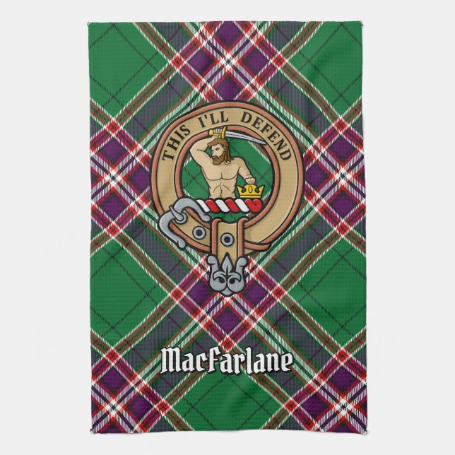Clan MacFarlane Crest over Modern Hunting Tartan Tea Towel (Vertical)