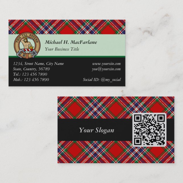 Clan MacFarlane Crest over Red Tartan Business Card (Front/Back)
