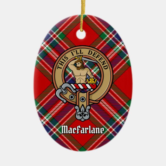 Clan MacFarlane Crest over Red Tartan Ceramic Tree Decoration (Front)