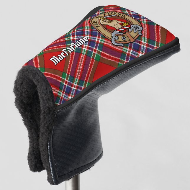 Clan MacFarlane Crest over Red Tartan Golf Head Cover (3/4 Front)