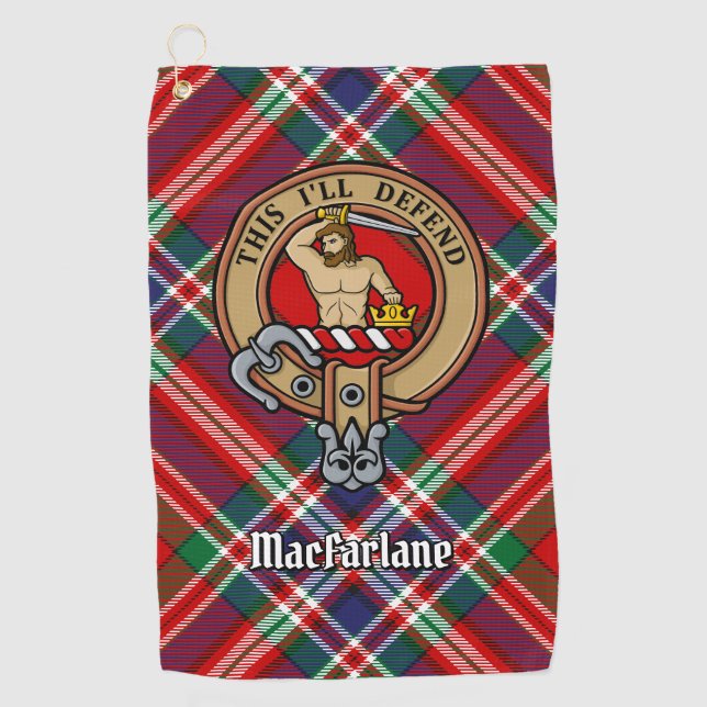Clan MacFarlane Crest over Red Tartan Golf Towel (Front)