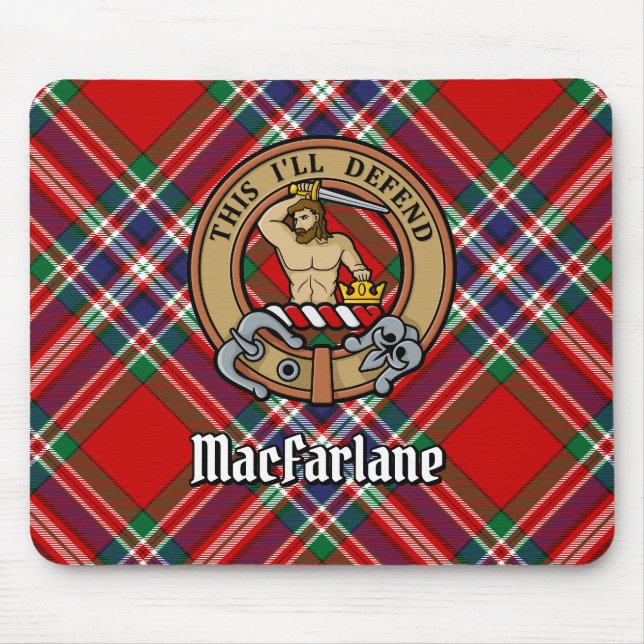 Clan MacFarlane Crest over Red Tartan Mouse Mat (Front)
