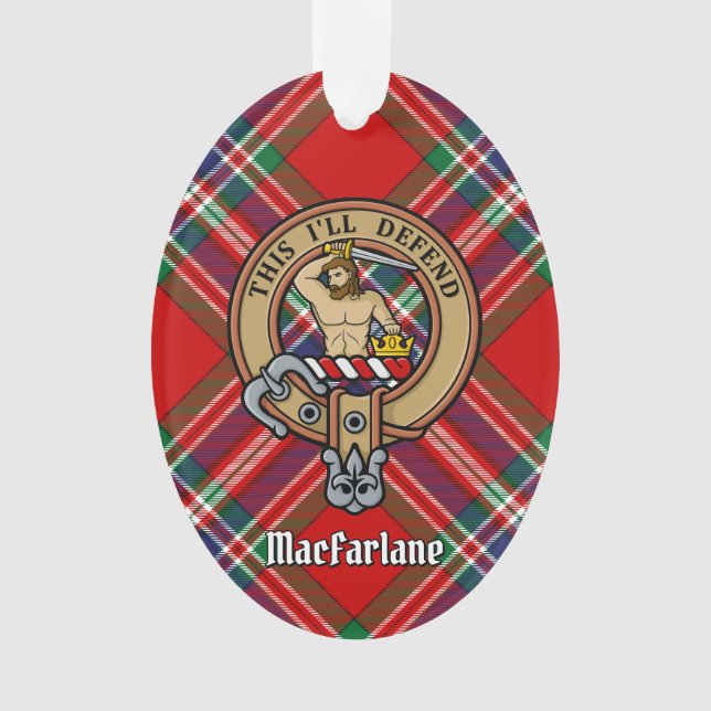 Clan MacFarlane Crest over Red Tartan Ornament (Front)