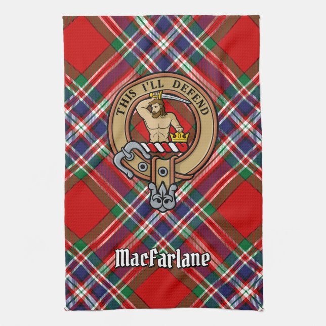 Clan MacFarlane Crest over Red Tartan Tea Towel (Vertical)