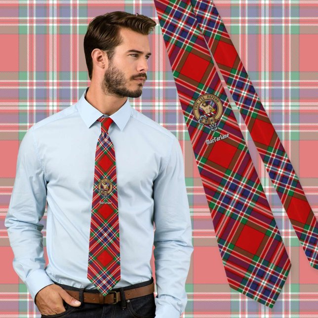 Clan MacFarlane Crest over Red Tartan Tie (Creator Uploaded)