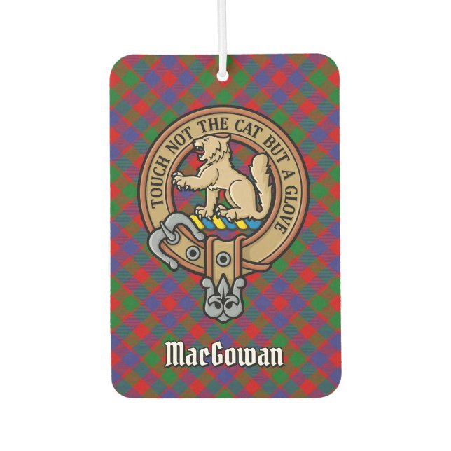 Clan MacGowan Crest over Tartan Car Air Freshener (Front)