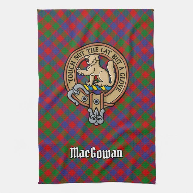 Clan MacGowan Crest over Tartan Tea Towel (Vertical)