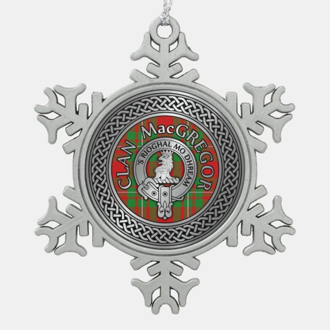Clan MacGregor Crest & Tartan Knot Snowflake Pewter Christmas Ornament (Front)