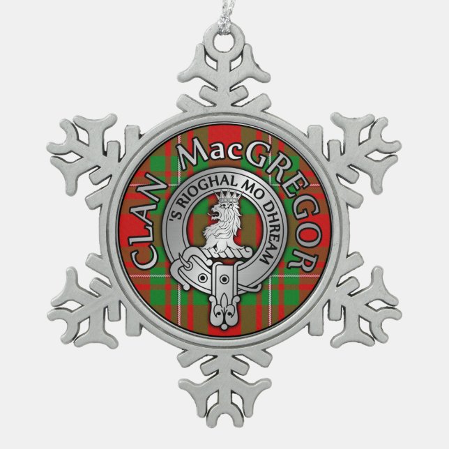 Clan MacGregor Crest & Tartan Snowflake Pewter Christmas Ornament (Front)