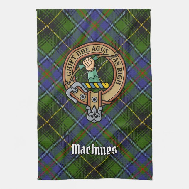 Clan MacInnes Crest over Tartan Tea Towel (Vertical)