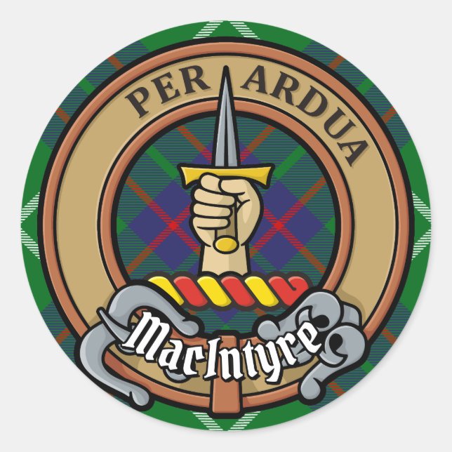Clan MacIntyre Crest over Hunting Tartan Classic Round Sticker (Front)