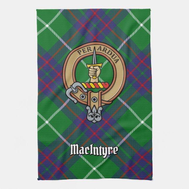 Clan MacIntyre Crest over Hunting Tartan Tea Towel (Vertical)