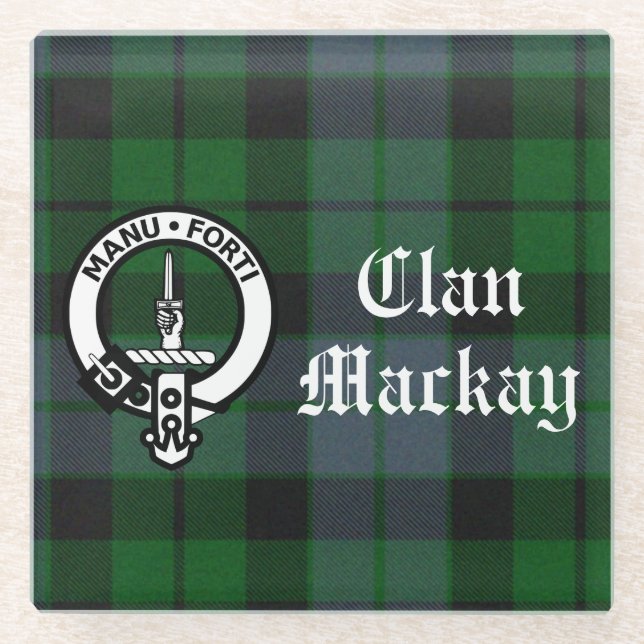 Clan Mackay Crest Badge & Tartan Customisable Glass Coaster (Front)