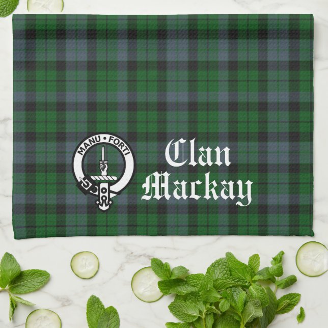 Clan Mackay Crest Badge & Tartan Customisable  Tea Towel (Folded)