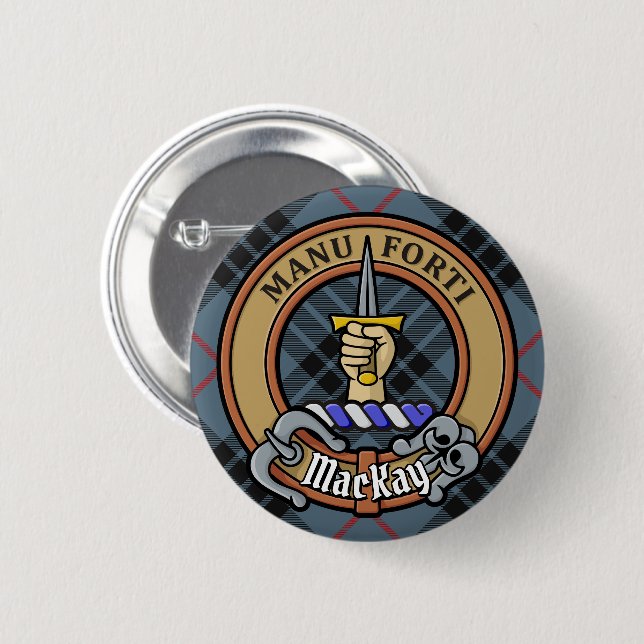 Clan MacKay Crest over Blue Tartan 6 Cm Round Badge (Front & Back)