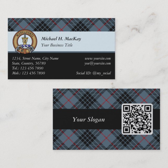 Clan MacKay Crest over Blue Tartan Business Card (Front/Back)