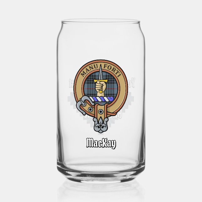 Clan MacKay Crest over Blue Tartan Can Glass (Front)