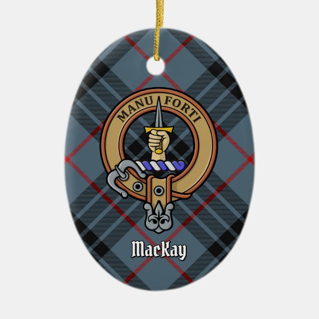 Clan MacKay Crest over Blue Tartan Ceramic Tree Decoration (Front)