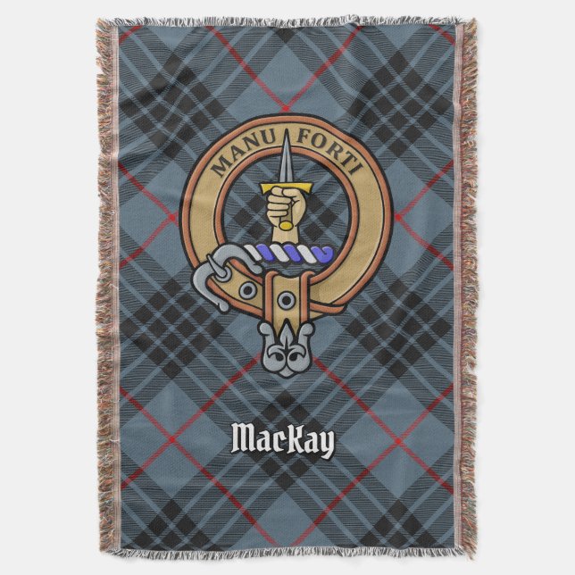 Clan MacKay Crest over Blue Tartan Throw Blanket (Front Vertical)