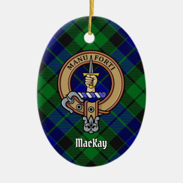 Clan MacKay Crest over Tartan Ceramic Tree Decoration (Front)