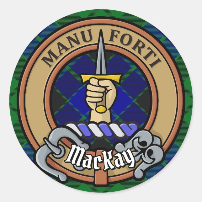 Clan MacKay Crest over Tartan Classic Round Sticker (Front)