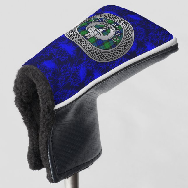 Clan MacKay Crest & Tartan Knot on Thistle Golf Head Cover (3/4 Front)