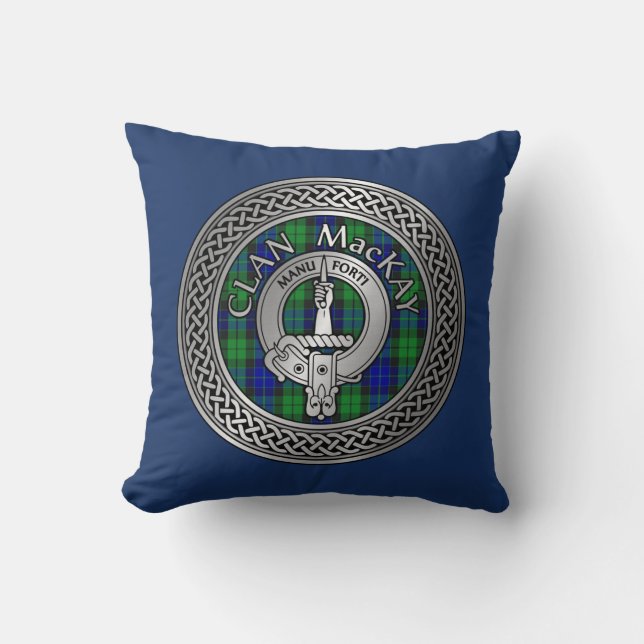 Clan MacKay Crest & Tartan Knot Throw Pillow (Front)