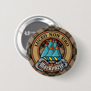 Clan MacKenzie Crest over Brown Hunting Tartan 6 Cm Round Badge