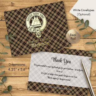 Clan MacKenzie Crest over Brown Hunting Tartan Foil Invitation Postcard