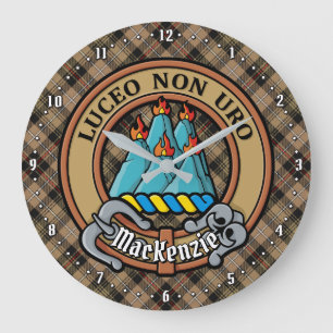 Clan MacKenzie Crest over Brown Hunting Tartan Large Clock
