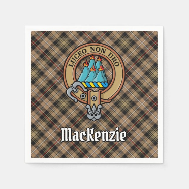 Clan MacKenzie Crest over Brown Hunting Tartan Napkin (Front)