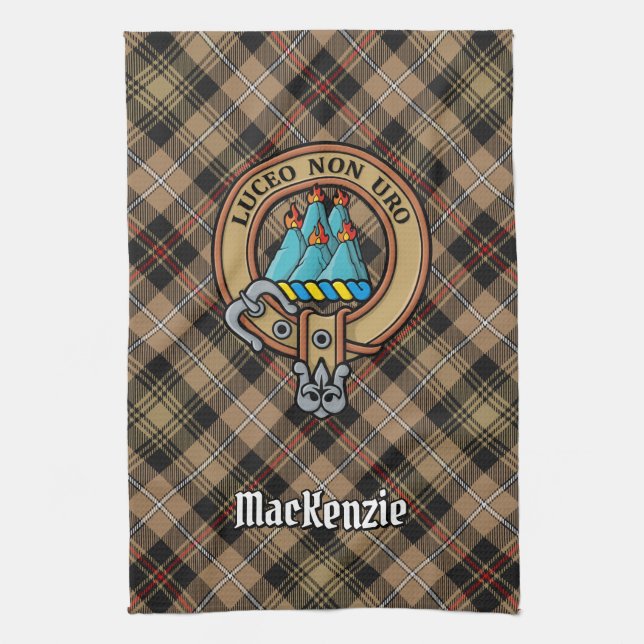 Clan MacKenzie Crest over Brown Hunting Tartan Tea Towel (Vertical)
