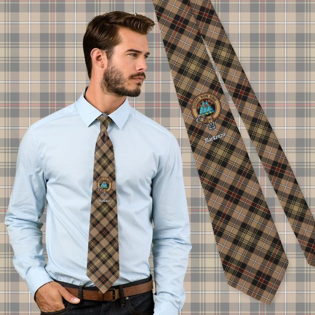 Clan MacKenzie Crest over Brown Hunting Tartan Tie (Creator Uploaded)