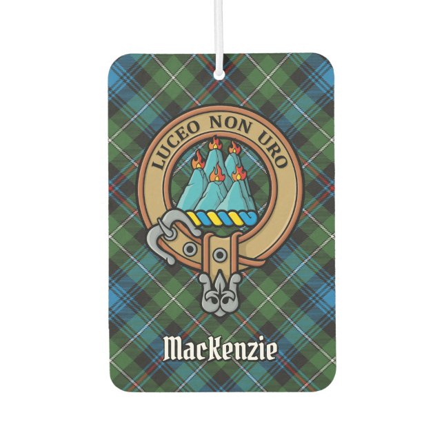 Clan MacKenzie Crest over Tartan Car Air Freshener (Front)