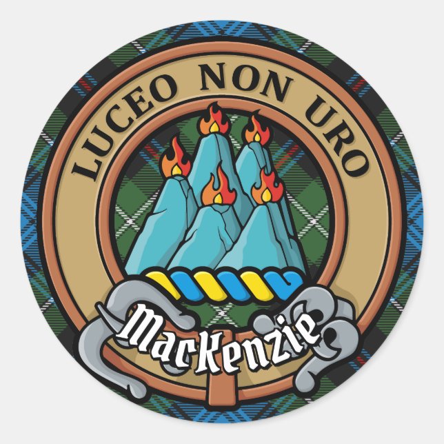 Clan MacKenzie Crest over Tartan Classic Round Sticker (Front)