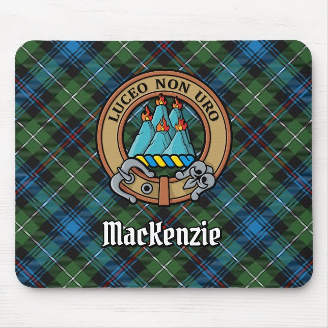 Clan MacKenzie Crest over Tartan Mouse Mat (Front)