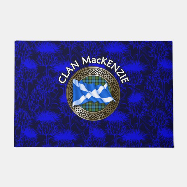 Clan MacKenzie Crest & Tartan Knot on Thistle Doormat (Front)