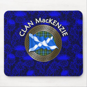 Clan MacKenzie Crest & Tartan Knot on Thistle Mouse Mat