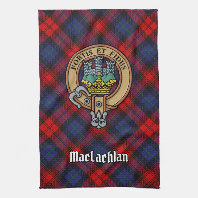 Clan MacLachlan Crest over Tartan Tea Towel (Vertical)